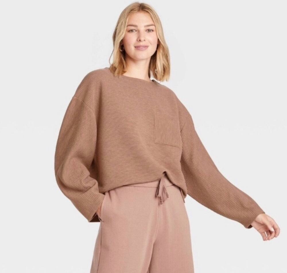 A New Day Brown Ribbed Ottoman Sweater With Pocket Medium Long Sleeve